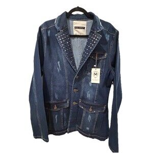 Ron Tomson Los Angeles Jacket Men X-Large Studded Denim Distressing Notch Lapel